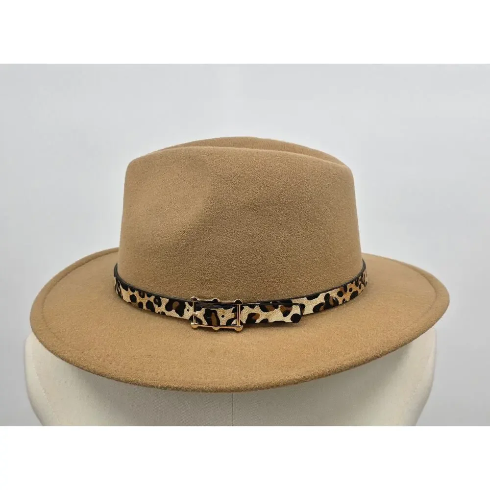 Camel Wool Fedora Hat with Leopard Print Band – Adjustable – Style PR107‎